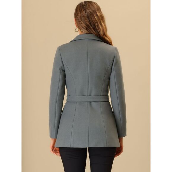 Double Breasted Short Pea Coat Tie Waist Winter Lapel Overcoat with Belt Grey - Picture 4 of 5